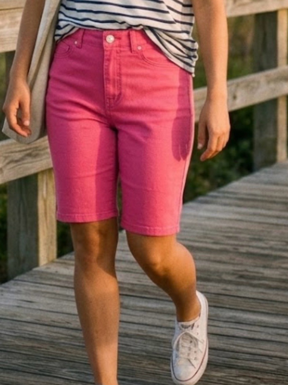 DG2 Womens Fitted Long Length Bermuda Pink Denim Shorts Mid Rise Size 10